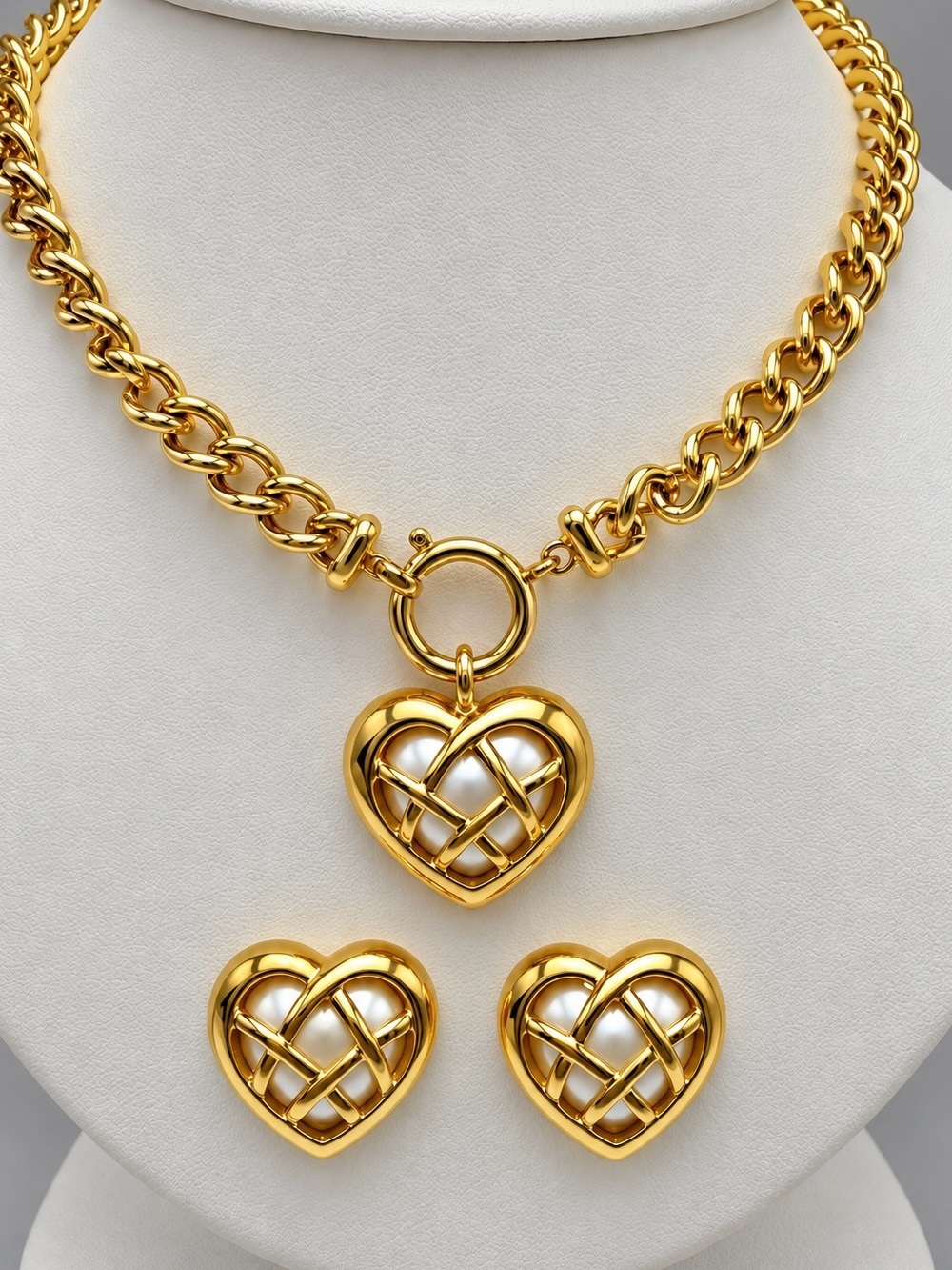 Vintage Vendome Heart Lattice Necklace and Earring Set with Pearl